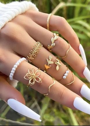 Набор колец золотистое кольцо с цветком с жемчугом на фаланги пальцев