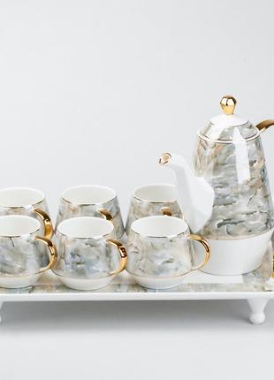 Чайный сервиз на подносе 6 чашек и заварочный чайник на подставке `gr`