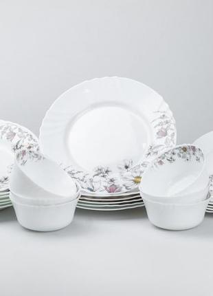 Столовый сервиз тарелок 24 штуки керамических на 6 персон белый с росписью цветы `gr`