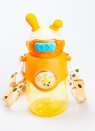 Детская бутылочка для воды 700 мл с трубочкой и ремешком оранжевая `gr`