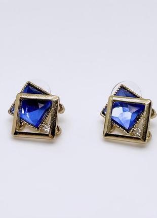 Стильні золотисті жіночі квадратні сережки кульчики підвіси серьги сині кристали