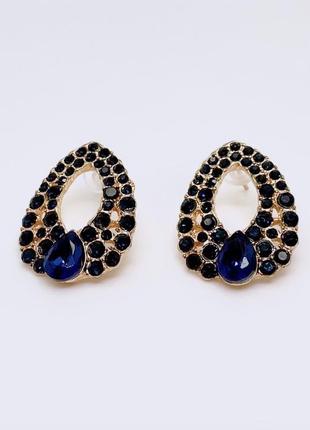 Стильні золотисті жіночі сережки кульчики підвіси серьги сині кристали овальні краплі