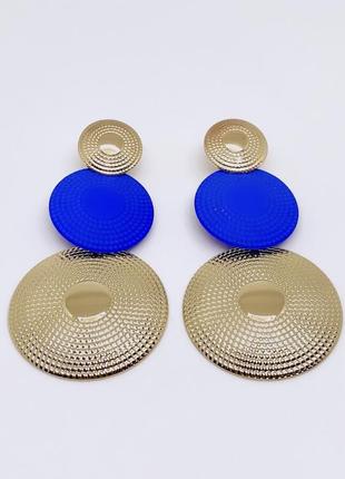 Стильні ефектні великі золотисті жіночі сережки кульчики підвіси серьги синя емаль