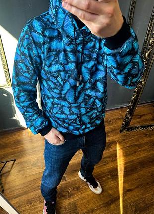 Синее худи мужское с принтами бабочки