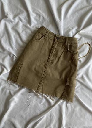 Короткая трендовая юбка карго с карманами хаки, мини юбка