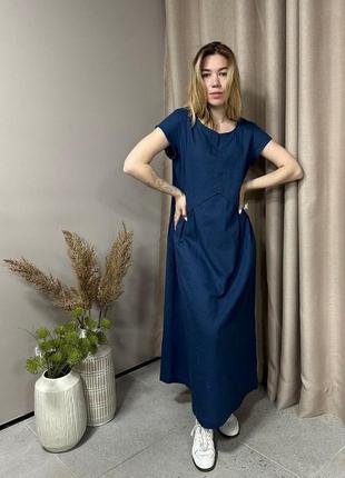 Сукня з льону та віскози джульєтта season в стилі бохо темно-синє