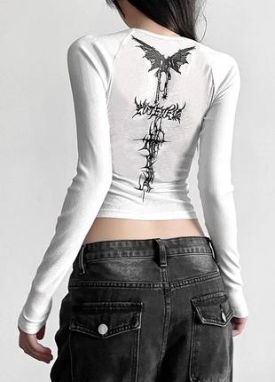 Лонгслів футболка y2k жіноча  з круглим вирізом і довгим рукавом у гранжовому принті , укорочений  топ