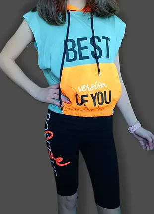 Летний костюм-тройка на девочку майка футболка с капюшоном и велосипедки туречкова р. 134,140, 146,