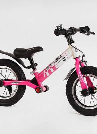 Велобіг corso "skip jack" 25025 (1) розово-білий, надувні колеса 12", сталева рама з амортизатором, ручний