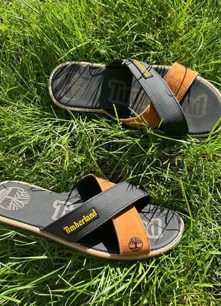 Чоловічі шльопанці timberland з натуральної шкіри літні чорно-помаранчеві