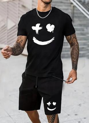 Чорний комплект футболка шорти чоловічий з принтами