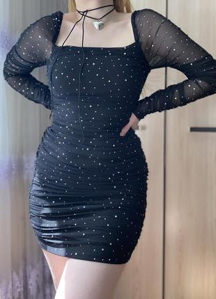 Шикарное черное короткое платье сетка в пайетки, блестящее мини платье