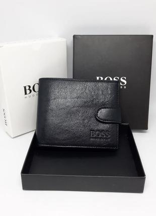 Чоловічий шкіряний гаманець. чорний гаманець з натуральної шкіри boss. подарунок чоловіку на день народження