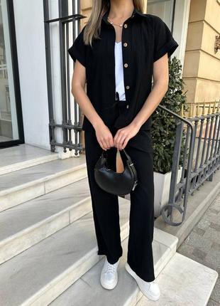 Черный женский прогулочный повседневный брючный костюм широкие брюки палаццо рубашка