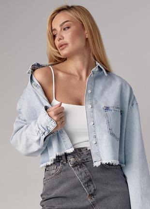 Укорочена джинсова куртка жіноча — блакитний колір, l (є розміри)