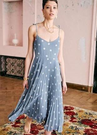 Sezane платье, шикарное платье-сарафан, голубое в горошек, французский стиль