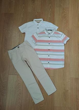 Летний нарядный набор для мальчика/нарядная белая рубашка с коротким рукавом для мальчика/светлые летние штаны/летние брюки