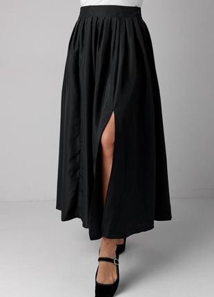 Пышная юбка со складками на высокой талии и разрезом - черный цвет, m (есть размеры)
