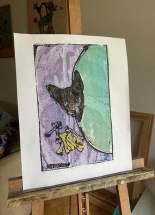 Ліногравюра з котиком, картина кіт, графіка