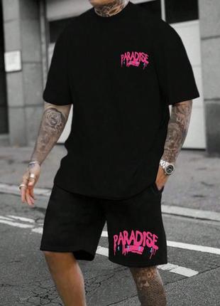 Черный комплект футболка шорты мужской с принтами