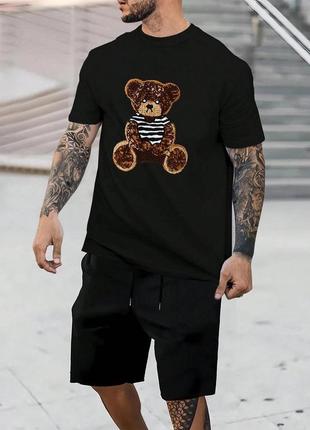 Черный комплект футболка шорты мужской с принтами