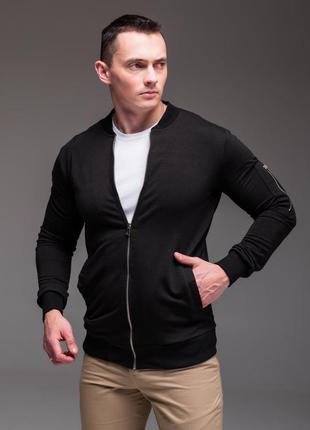 Мужская кофта бомбер с карманом на рукаве на молнии пуловер черная качественная с застежкой приталенная кэжуал хлопок акция