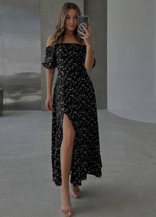 Чорна жіноча ніжна сукня міді в квітковий принт з шнурівкою на спині жіноча довга сукня в квіти з відкритою спиною