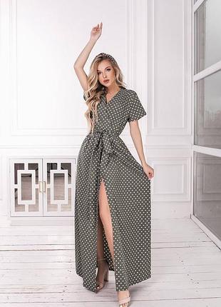 Платье на запах женское длинное макси в горошек с поясом с короткими рукавами с v образным вырезом батал  хаки софт
