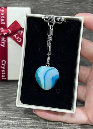 Подарунок дівчині натуральний камінь блакитний агат кулон у формі серця на брелоці сталь в коробочці