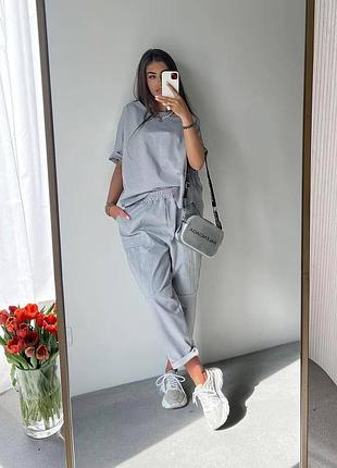 Трикотажный брючный спортивный костюм  серый летний брюки штаны джоггеры футболка туника блуза кофта ткань алекс