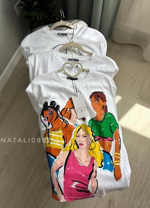 Футболка zara, футболка біла жіноча, футболка з принтом дівчата
