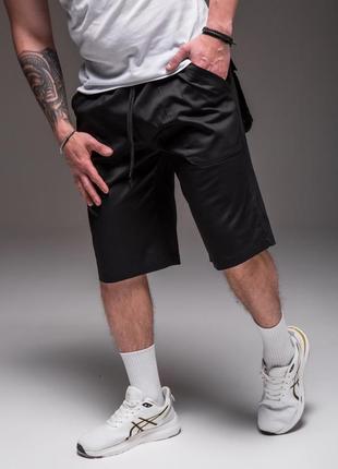 Мужские удлиненные шорты черные коттон качественные хлопковые на резинке длинные широкие с большими карманами задние на липучке оверсайз спортивные бежевые