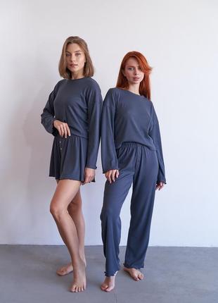 Женский комплект пижама тройка: кофта, шорты и брюки в рубчик синий tra