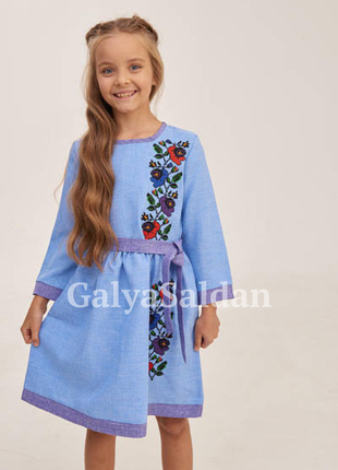 Украинское вышитое платье на девочку, голубое платье-вышиванка