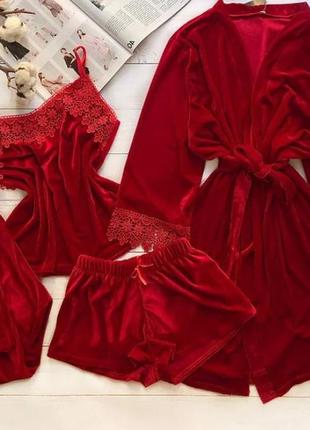 Жіноча велюрова піжама 4в1 майка шорти штани і червоний халат