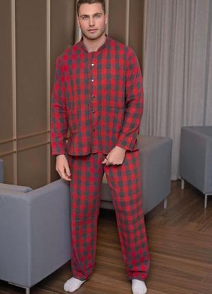 Мужская теплая пижама байка клетка красно-серая  tra