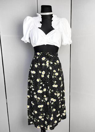 Женская юбка чёрная миди длинная белая винтаж ретро стиль в цветы вискоза на пуговицах с м л