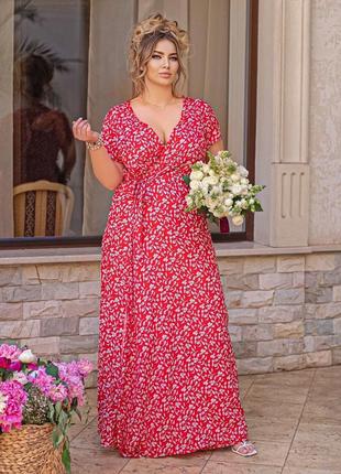 Стильное длинное платье с резинкой на талии и поясом красный  tra