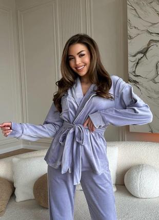 Домашний костюм пижама двойка кофта с поясом+штаны сиреневый tra