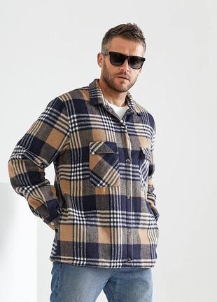 Мужская куртка-рубашка на подкладке из меха темно-синий+беж  tra