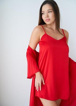 Женский шелковый комплект рубашка и халат красный  tra