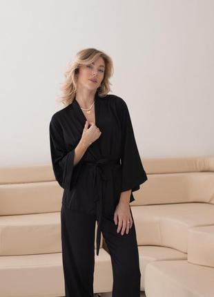 Жіночий комплект трійки: кімоно, штани та майка шовк армані чорний