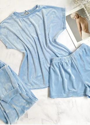 Тройка мягусенький плюш, штаны, шорты, футболка голубой  tra