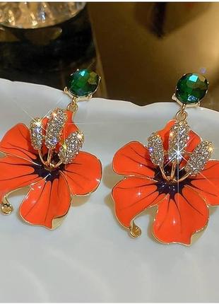 Сережки в корейському стилі квіти з каменями