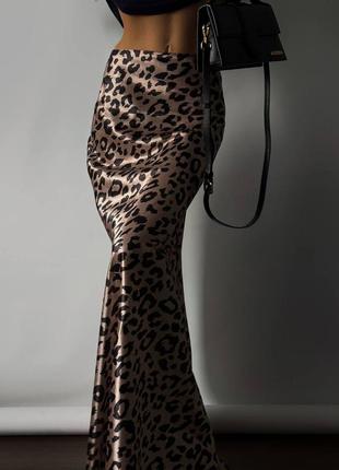 Спідниця юбка атлас атласна до підлоги лео принт леопард довга міді комбінація леопард атлас по фігурі пряма кльош рюші волани
