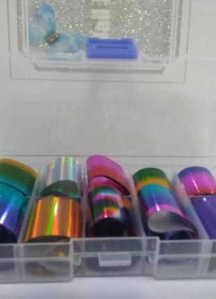 Фольга для дизайна ногтей в контейнере набор 10 штук,nail art transfer foil (переводная фольга для ногтей)