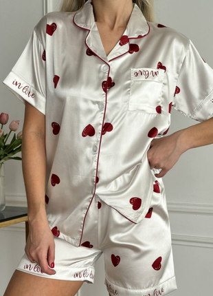 Шелковая трендовая пижамка шорты рубашка нежный женский комплект весна/лето