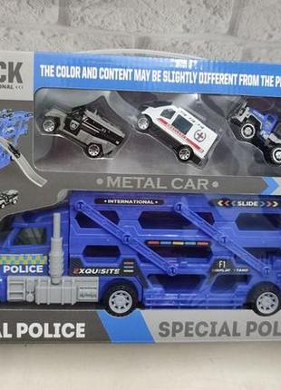 Набір машинок поліцейський трейлер — автовоз, гірка — трек, 3 машинки