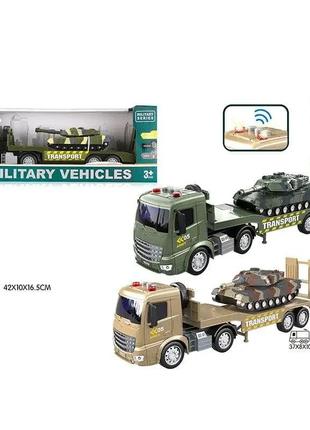 Машинка вантажівка, тягач, військовий трейлер із причепом, танк. звук, світло (rj 3365) military