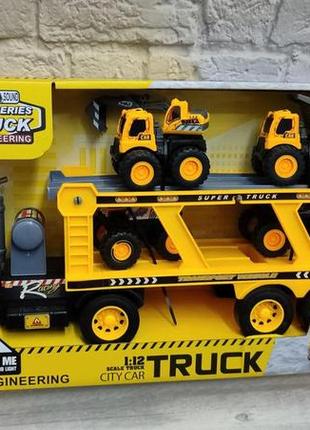 Ігровий набір вантажівка, автовоз, трак, трейлер із машинками 4 шт. truck city series, звук, світло. 1189-66